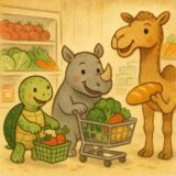カメとラクダとサイが買い物をしています。何を買うのでしょうか?
